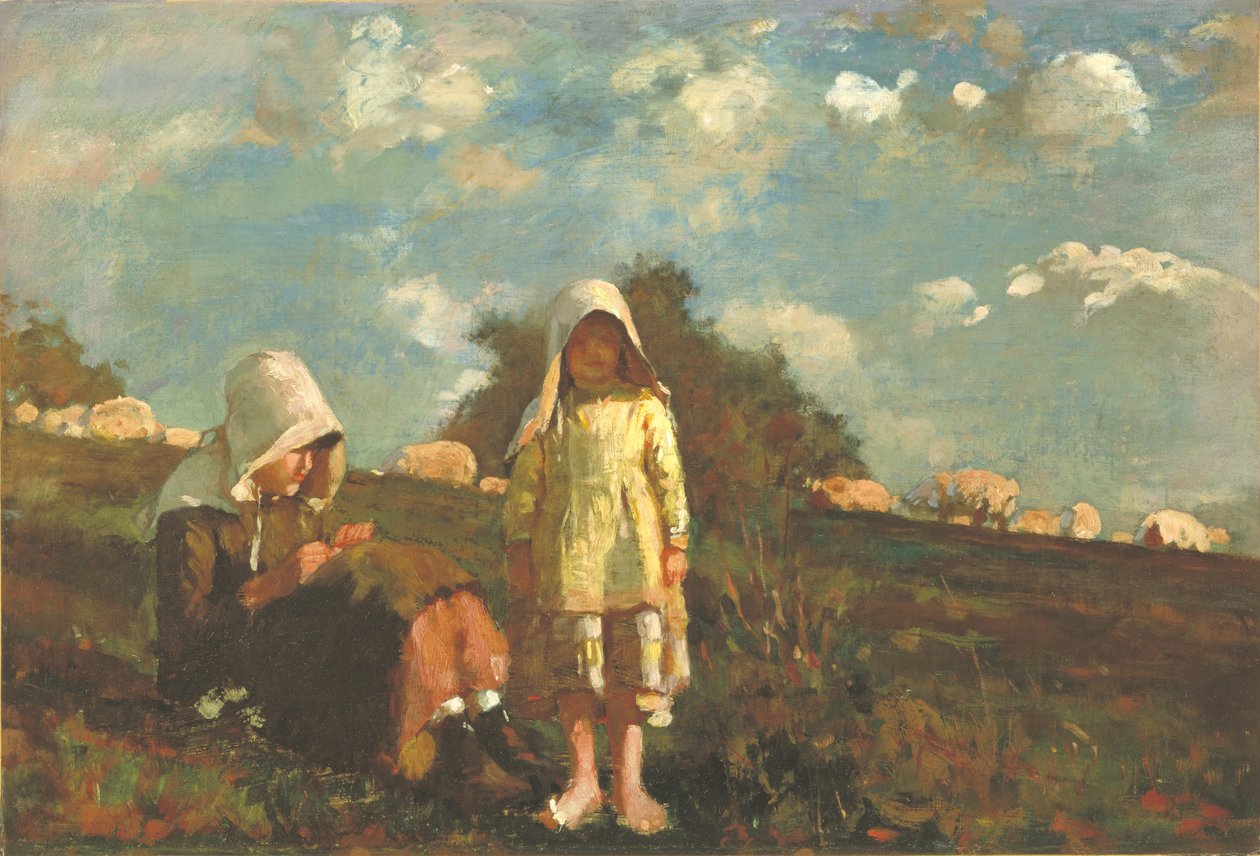 Két lány napellenzővel a mezőn alkotó: Winslow Homer