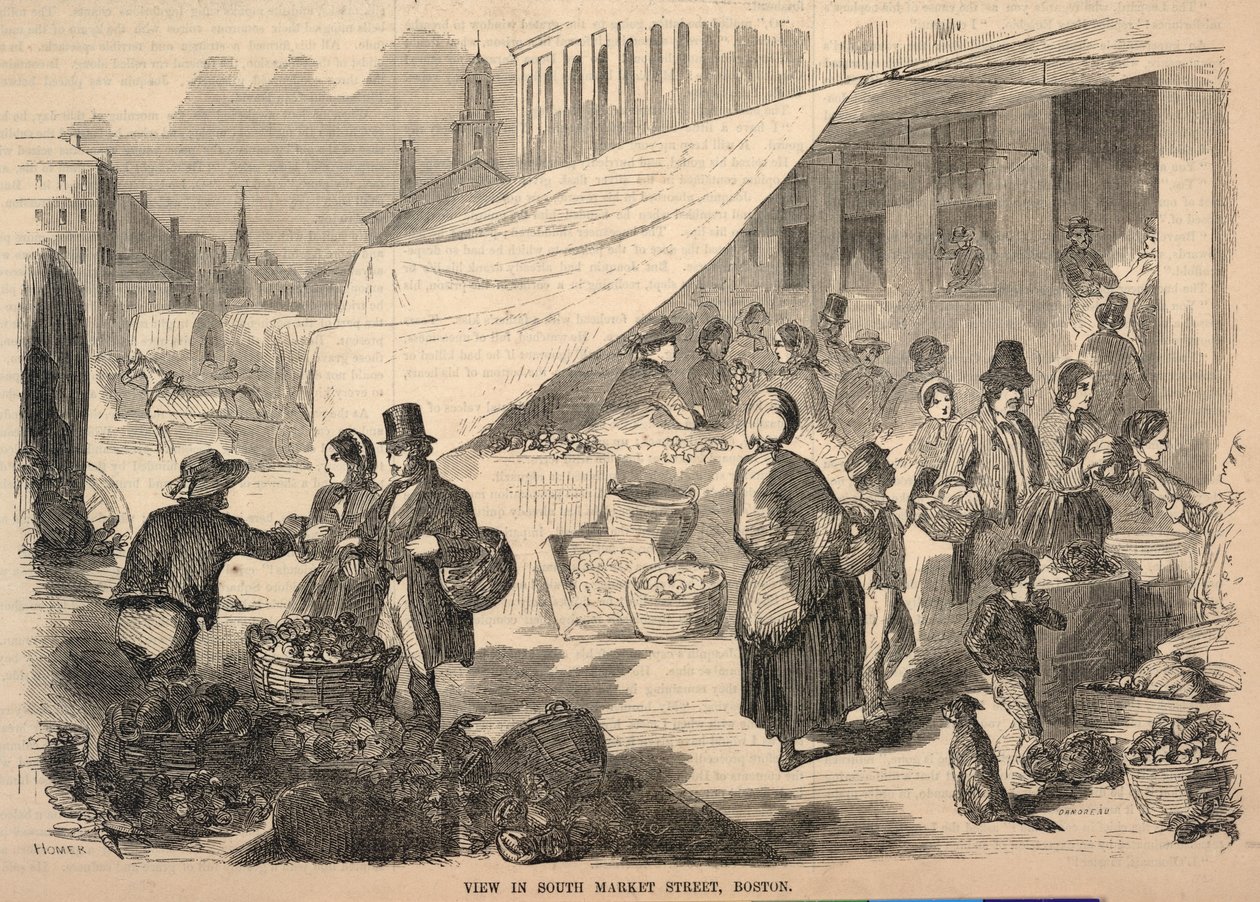 Kilátás a bostoni South Market Streetre, a „Ballou’s Pictorial Drawing-Room Companion” című lapból, 1857. október 3. alkotó: Winslow Homer