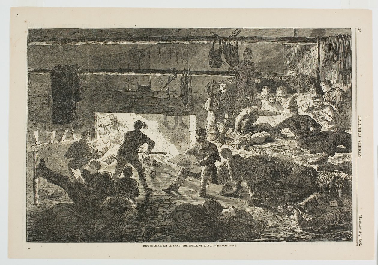 Téli szállás a táborban - A kunyhó belseje alkotó: Winslow Homer