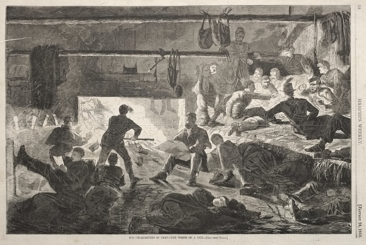 Téli szállás a táborban – Egy kunyhó belseje alkotó: Winslow Homer