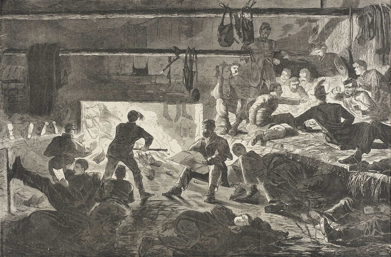 Téli szállás a táborban - Egy kunyhó belseje alkotó: Winslow Homer