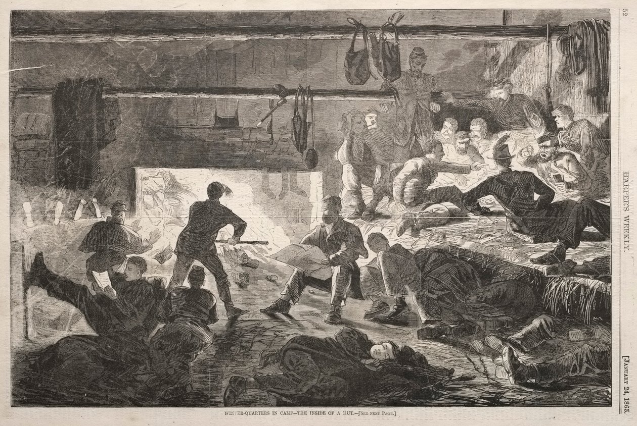 Téli negyed a táborban – Egy kunyhó belseje, 1863. alkotó: Winslow Homer