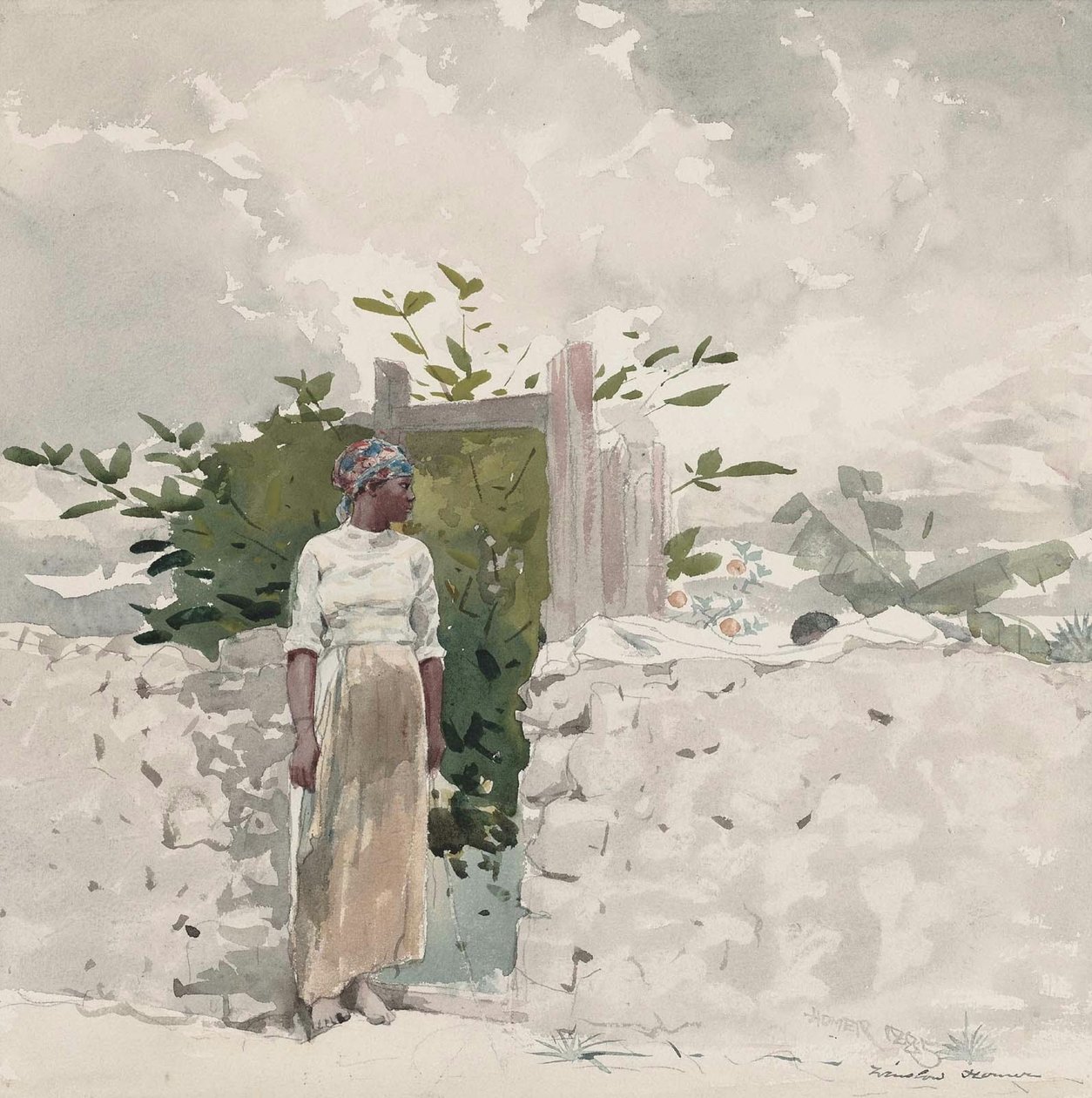Nő áll egy kapu mellett, Bahamák alkotó: Winslow Homer