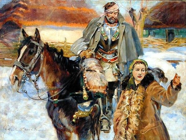 Sebzett Cuirassier egy lánnyal, 1930 körül (olaj, vászon) alkotó: Wojciech Kossak