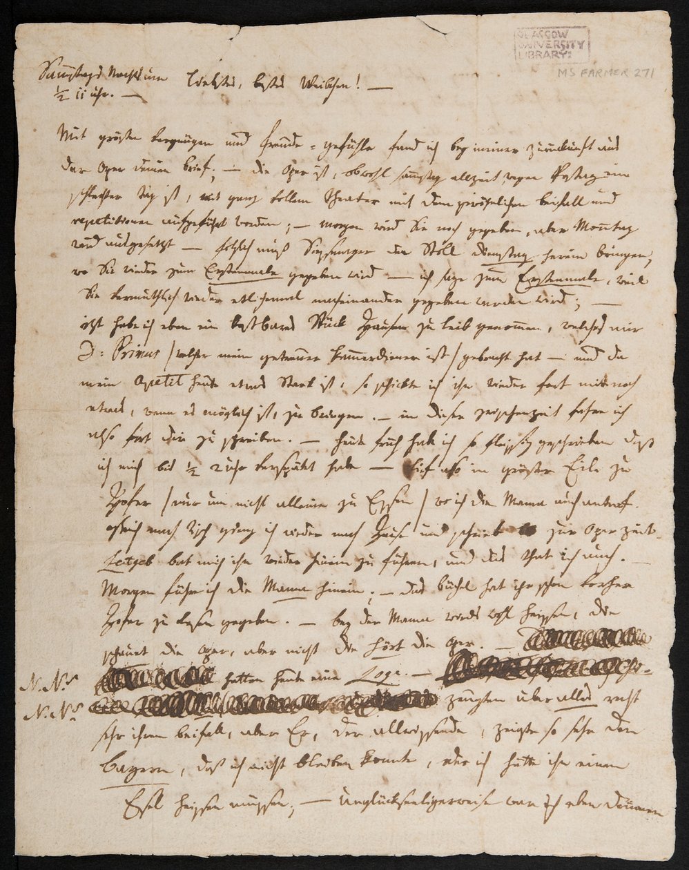 MS Farmer 2715 W.A. Mozart levele feleségének, Konstanzének, 1791 (tinta papíron), 1. oldal alkotó: Wolfgang Amadeus Mozart