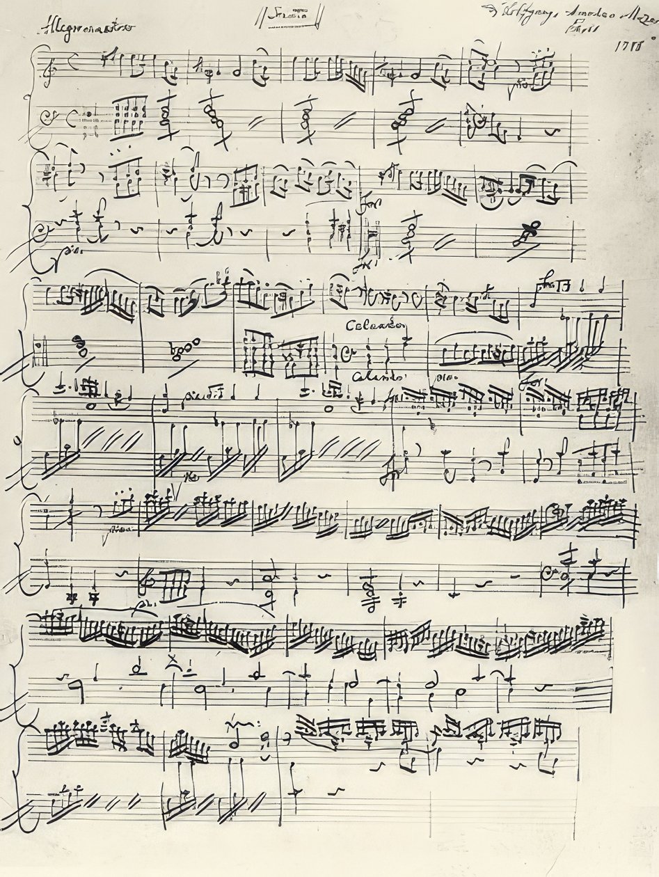 Az a-moll zongoraszonáta eleje. KV310. Autogram. 1778 alkotó: Wolfgang Amadeus Mozart
