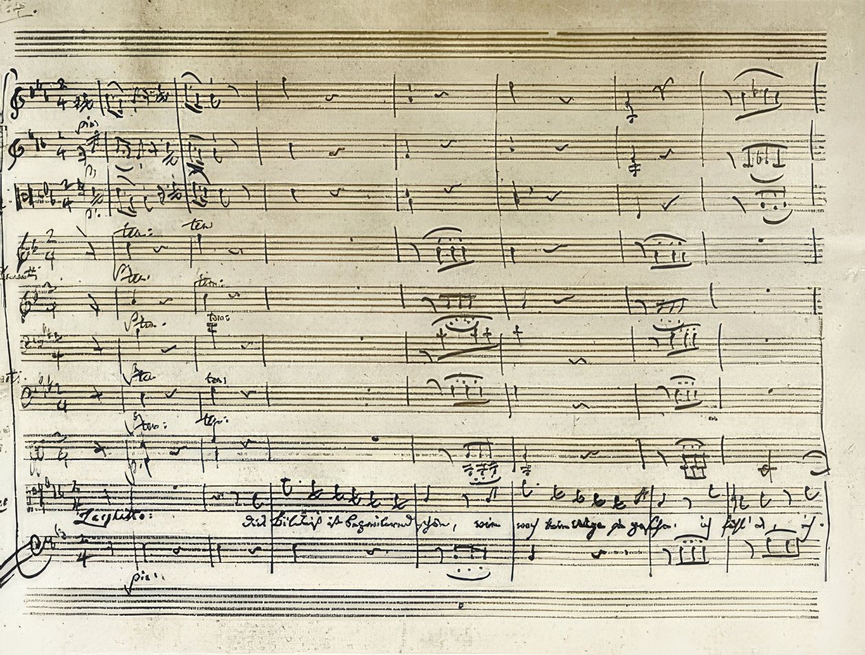 Kézírásos írás Tamino Varázsfuvolából készült portréáriájának kezdetéről. Jegyzetek átírása. 1791 alkotó: Wolfgang Amadeus Mozart