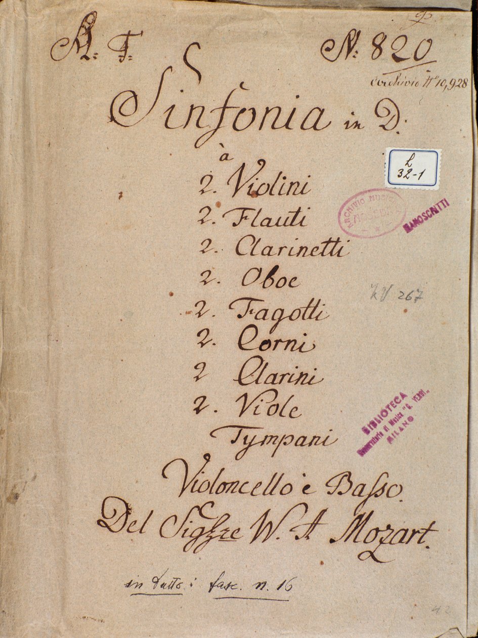 A 4. szimfónia kottájának első oldala, Mozart alkotó: Wolfgang Amadeus Mozart