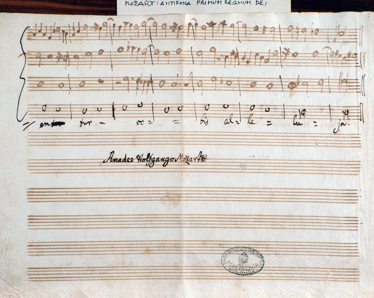 Oldal a zeneszerző Querite aláírásával, Mozart először Isten királyságában, hogy megszerezze az Accademico filarmonico címet (1770) alkotó: Wolfgang Amadeus Mozart