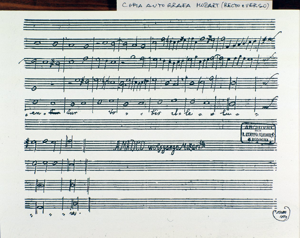 Az Accademia filarmonico cím elnyeréséhez Mozart Keressétek az első Isten királyságát, a Martini atya által javított verzió (1770) alkotó: Wolfgang Amadeus Mozart