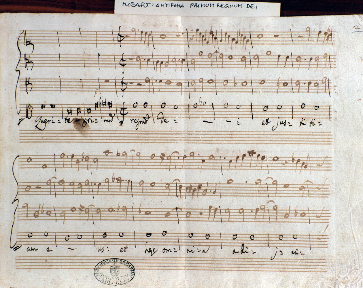 Az Accademico filarmonico (1770) cím elnyerésére Mozart Seek the first kingdom of God című könyvének kottaoldala alkotó: Wolfgang Amadeus Mozart