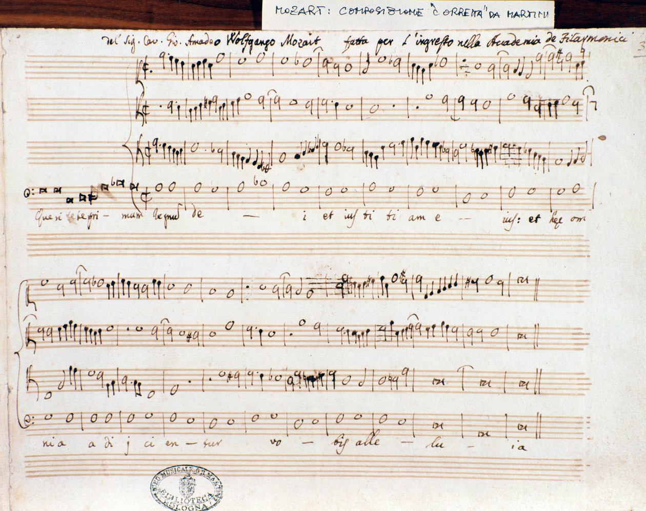 Az Accademico filarmonico (1770) cím elnyerésére Mozart Seek the first kingdom of God című könyvének kottaoldala alkotó: Wolfgang Amadeus Mozart