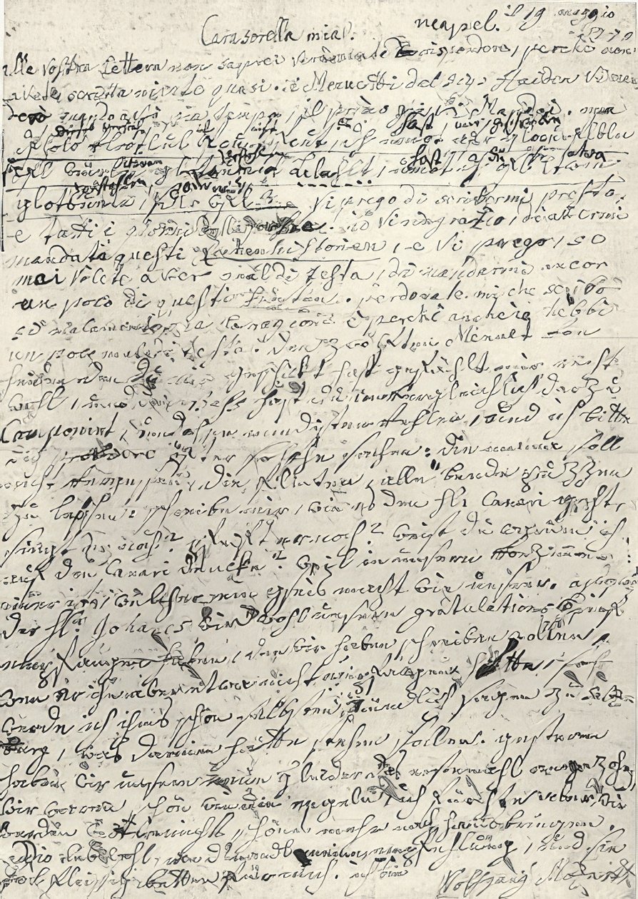 Wolfgang Amadeus Mozart (1756-1791) osztrák zeneszerző. Kézzel írt levél nővérének, Nannerlnek. Nápoly 1770. március 19 alkotó: Wolfgang Amadeus Mozart
