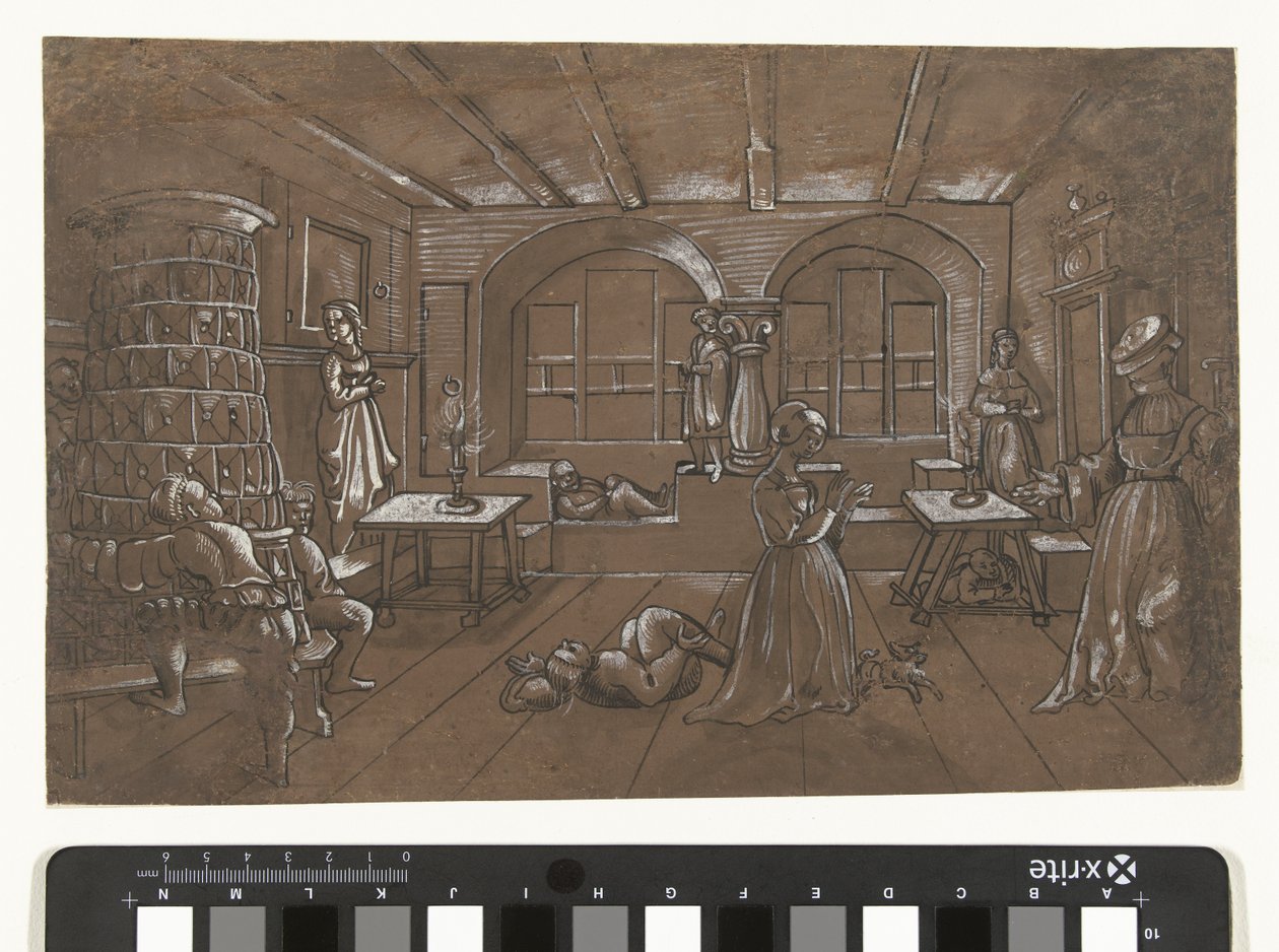 Belső tér, ahol nyolc gyerek játszik vak embert alkotó: Wolfgang Huber (school of)