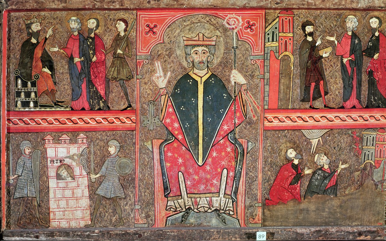 Oltárfront, amely Szent Pétert ábrázolja crozierrel ülve, és négy jelenetet életéből, 1150-1200 (tempera a panelen) alkotó: Workshop of Lleida