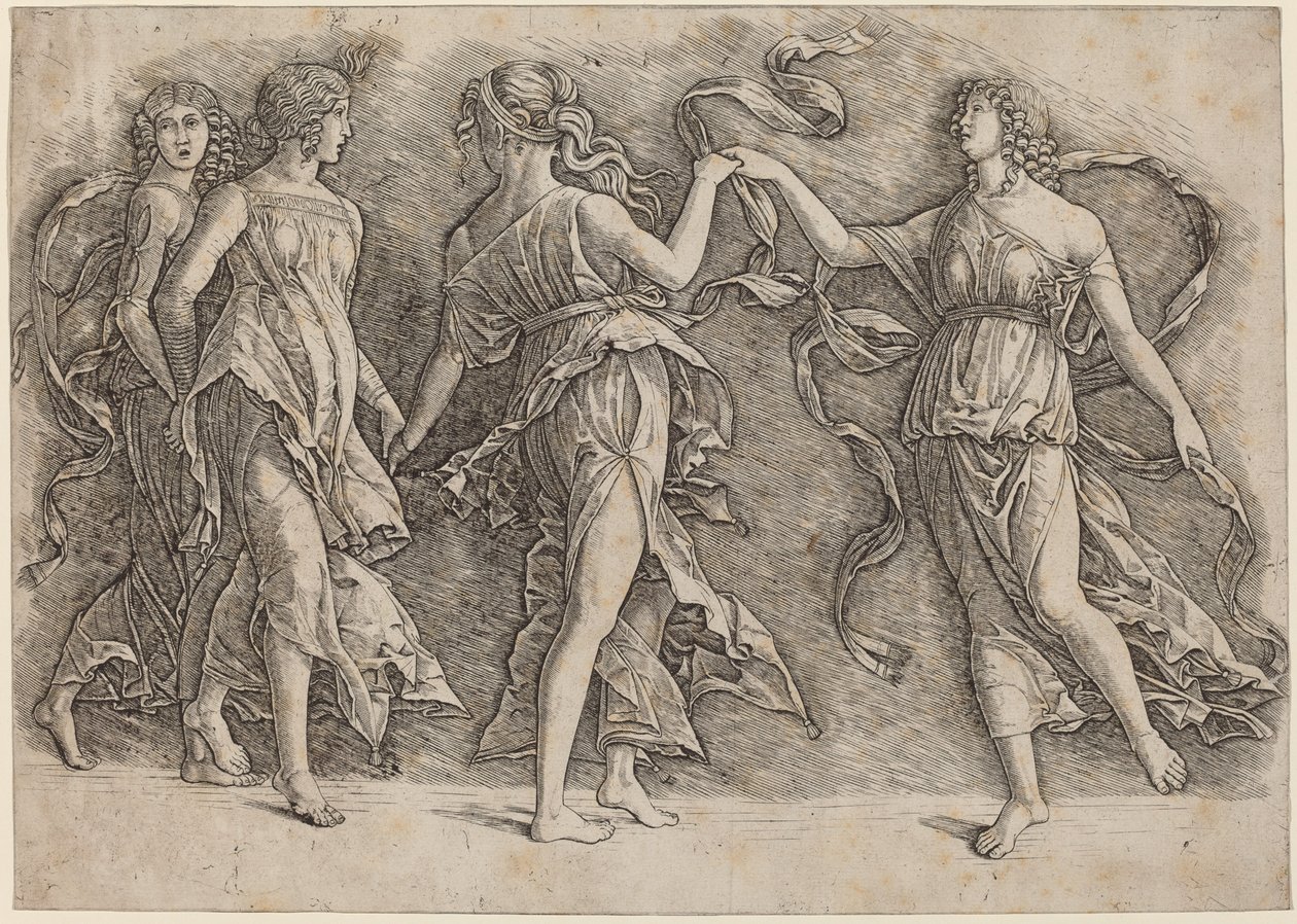 Négy táncoló múzsa alkotó: Workshop of Andrea Mantegna
