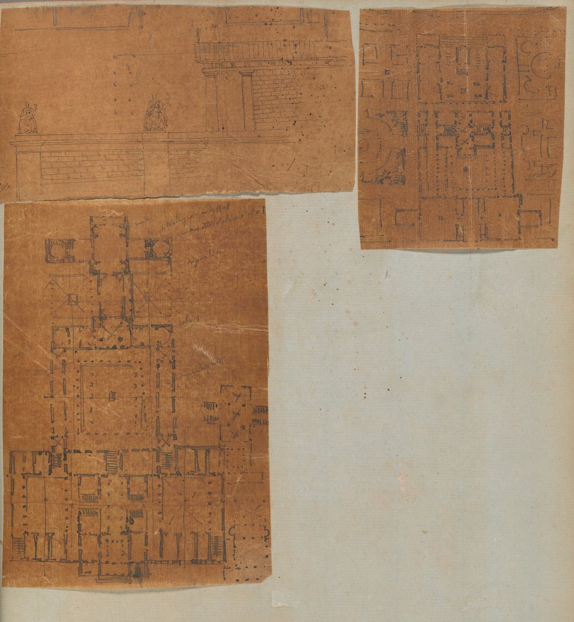 Oldal egy Scrapbookból, amely rajzokat és számos építészeti nyomatot tartalmaz, Int..., kb. 1800-1850. Alkotók: Charles Percier műhelye, Pierre François Léonard Fontaine műhelye. alkotó: Workshop of Charles Percier, Workshop of Pierre