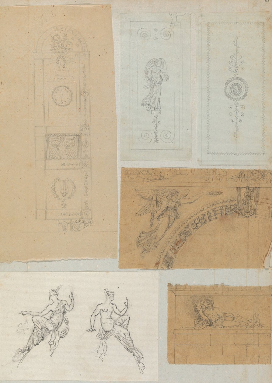 Oldal egy Scrapbookból, amely rajzokat és számos építészeti nyomatot tartalmaz, Int..., kb. 1800-1850. Alkotók: Charles Percier műhelye, Pierre François Léonard Fontaine műhelye. alkotó: Workshop of Charles Percier, Workshop of Pierre