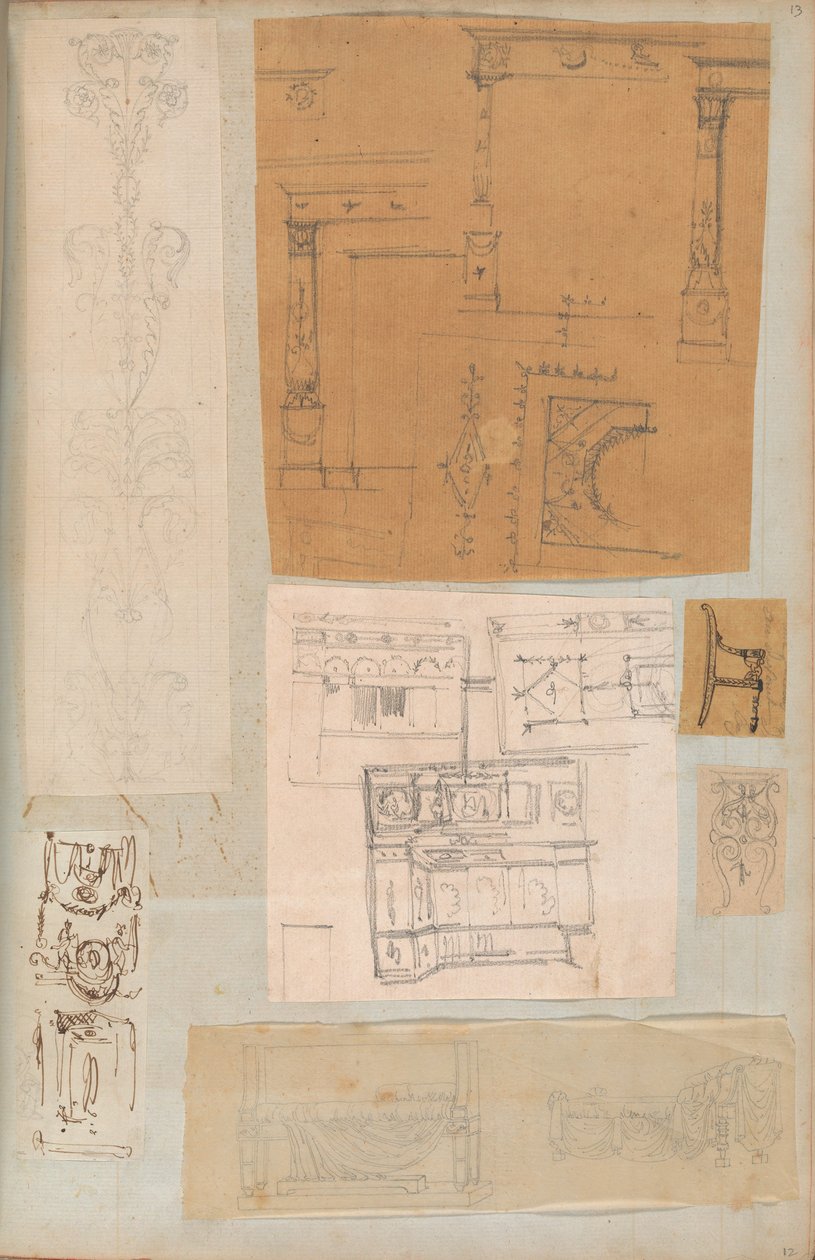 Oldal egy Scrapbookból, amely rajzokat és számos építészeti nyomatot tartalmaz, Int..., kb. 1800-1850. Alkotók: Charles Percier műhelye, Pierre François Léonard Fontaine műhelye. alkotó: Workshop of Charles Percier, Workshop of Pierre