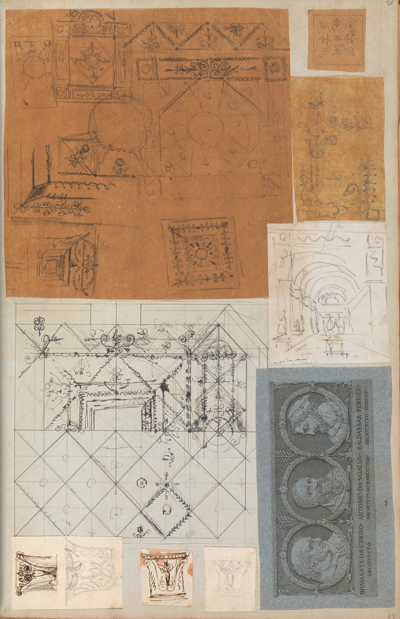 Oldal egy Scrapbookból, amely rajzokat és számos építészeti nyomatot tartalmaz, Int..., kb. 1800-1850. Alkotók: Charles Percier műhelye, Pierre François Léonard Fontaine műhelye. alkotó: Workshop of Charles Percier, Workshop of Pierre