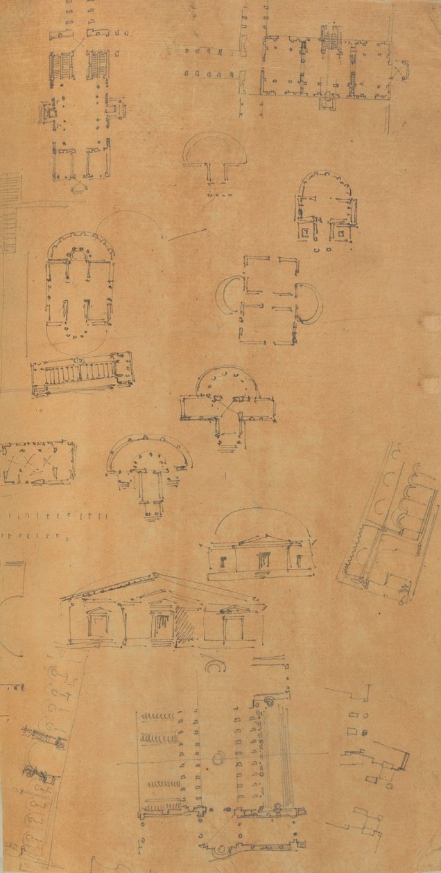 Oldal egy Scrapbookból, amely rajzokat és számos építészeti nyomatot tartalmaz, Int..., kb. 1800-1850. Alkotók: Charles Percier műhelye, Pierre François Léonard Fontaine műhelye. alkotó: Workshop of Charles Percier, Workshop of Pierre