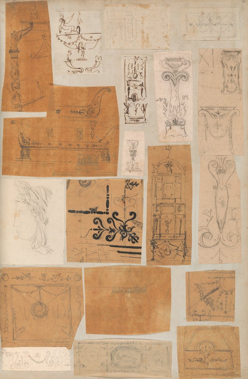 Oldal egy Scrapbookból, amely rajzokat és számos építészeti nyomatot tartalmaz, Int..., kb. 1800-1850. Alkotók: Charles Percier műhelye, Pierre François Léonard Fontaine műhelye. alkotó: Workshop of Charles Percier, Workshop of Pierre
