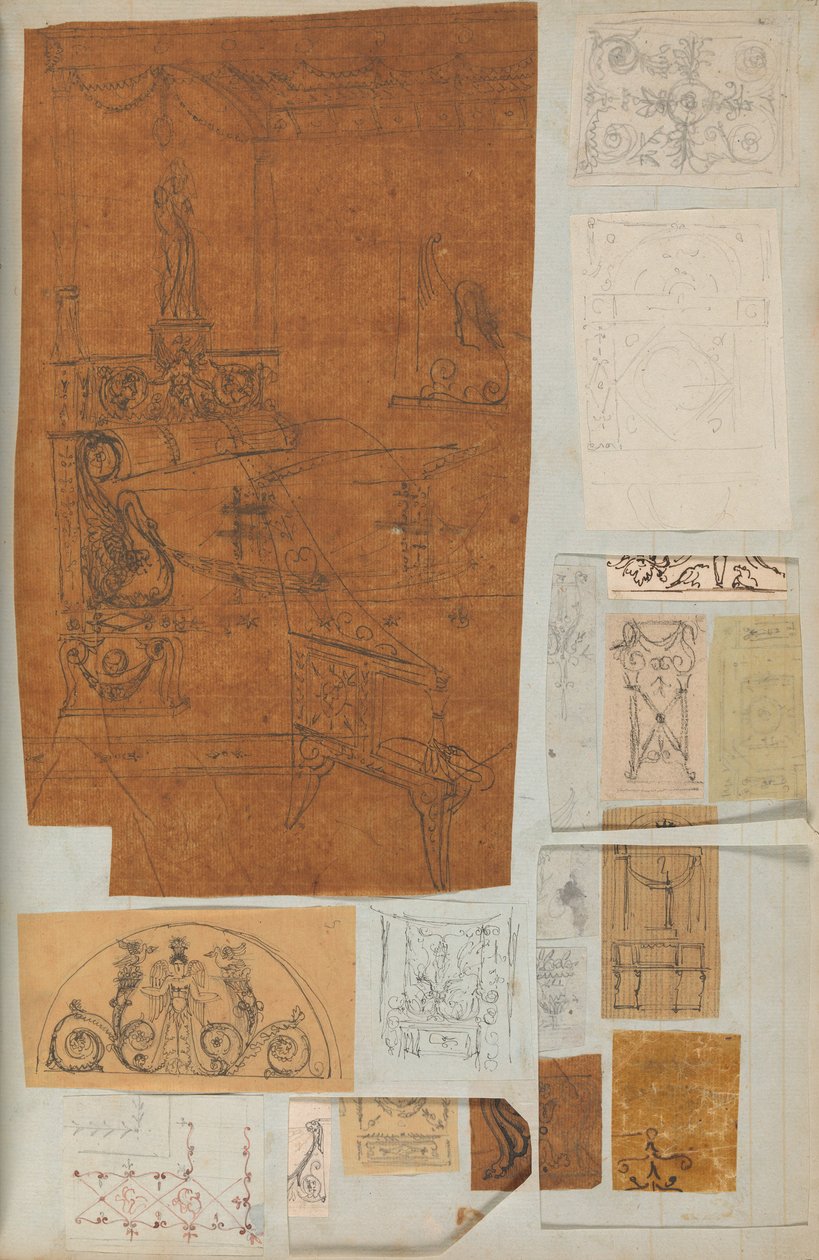 Oldal egy Scrapbookból, amely rajzokat és számos építészeti nyomatot tartalmaz, Int..., kb. 1800-1850. Alkotók: Charles Percier műhelye, Pierre François Léonard Fontaine műhelye. alkotó: Workshop of Charles Percier, Workshop of Pierre