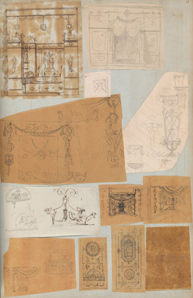 Oldal egy Scrapbookból, amely rajzokat és számos építészeti nyomatot tartalmaz, Int..., kb. 1800-1850. Alkotók: Charles Percier műhelye, Pierre François Léonard Fontaine műhelye. alkotó: Workshop of Charles Percier, Workshop of Pierre