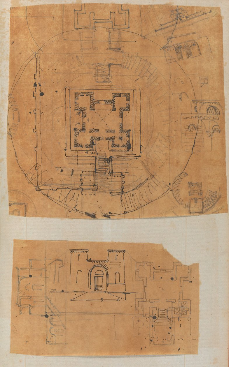 Oldal egy Scrapbookból, amely rajzokat és számos építészeti nyomatot tartalmaz, Int..., kb. 1800-1850. Alkotók: Charles Percier műhelye, Pierre François Léonard Fontaine műhelye. alkotó: Workshop of Charles Percier, Workshop of Pierre