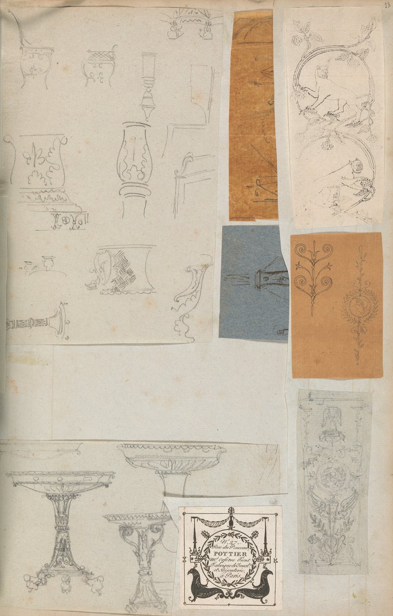 Oldal egy Scrapbookból, amely rajzokat és számos építészeti nyomatot tartalmaz, Int..., kb. 1800-1850. Alkotók: Charles Percier műhelye, Pierre François Léonard Fontaine műhelye. alkotó: Workshop of Charles Percier, Workshop of Pierre