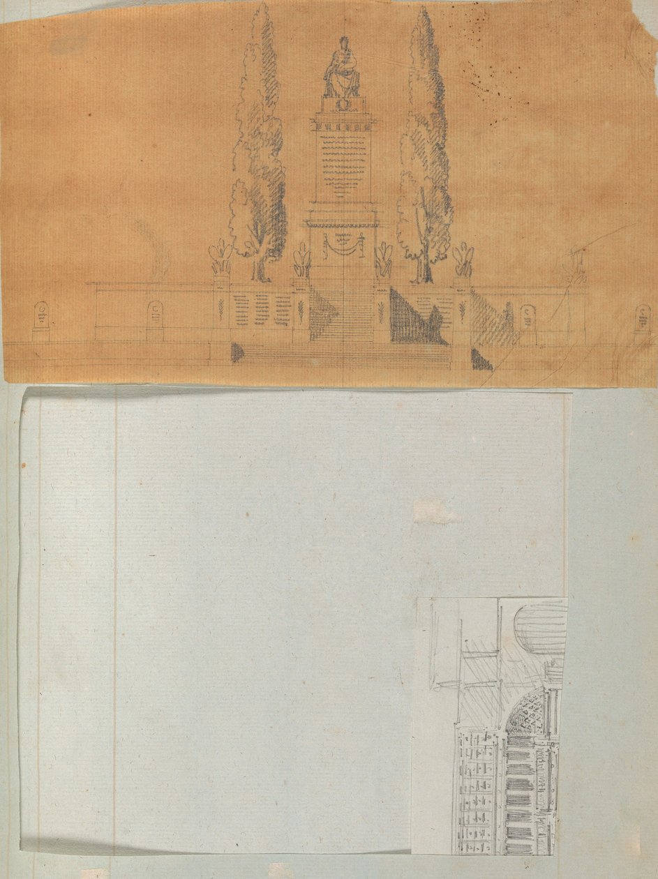 Oldal egy Scrapbookból, amely rajzokat és számos építészeti nyomatot tartalmaz, Int..., kb. 1800-1850. Alkotók: Charles Percier műhelye, Pierre François Léonard Fontaine műhelye. alkotó: Workshop of Charles Percier, Workshop of Pierre