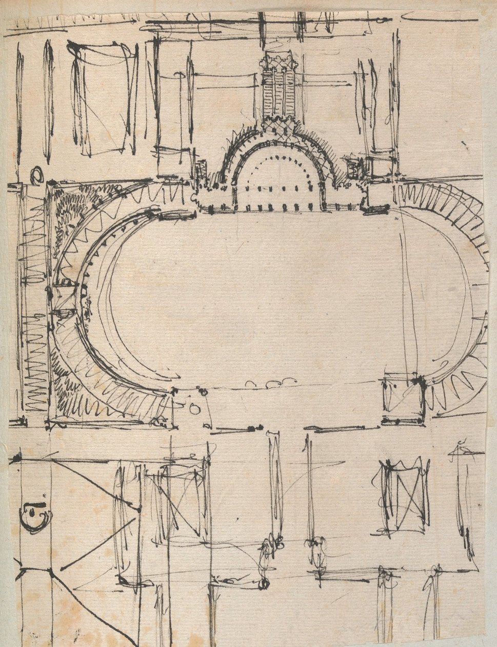 Oldal egy Scrapbookból, amely rajzokat és számos építészeti nyomatot tartalmaz, Int..., kb. 1800-1850. Alkotók: Charles Percier műhelye, Pierre François Léonard Fontaine műhelye. alkotó: Workshop of Charles Percier, Workshop of Pierre