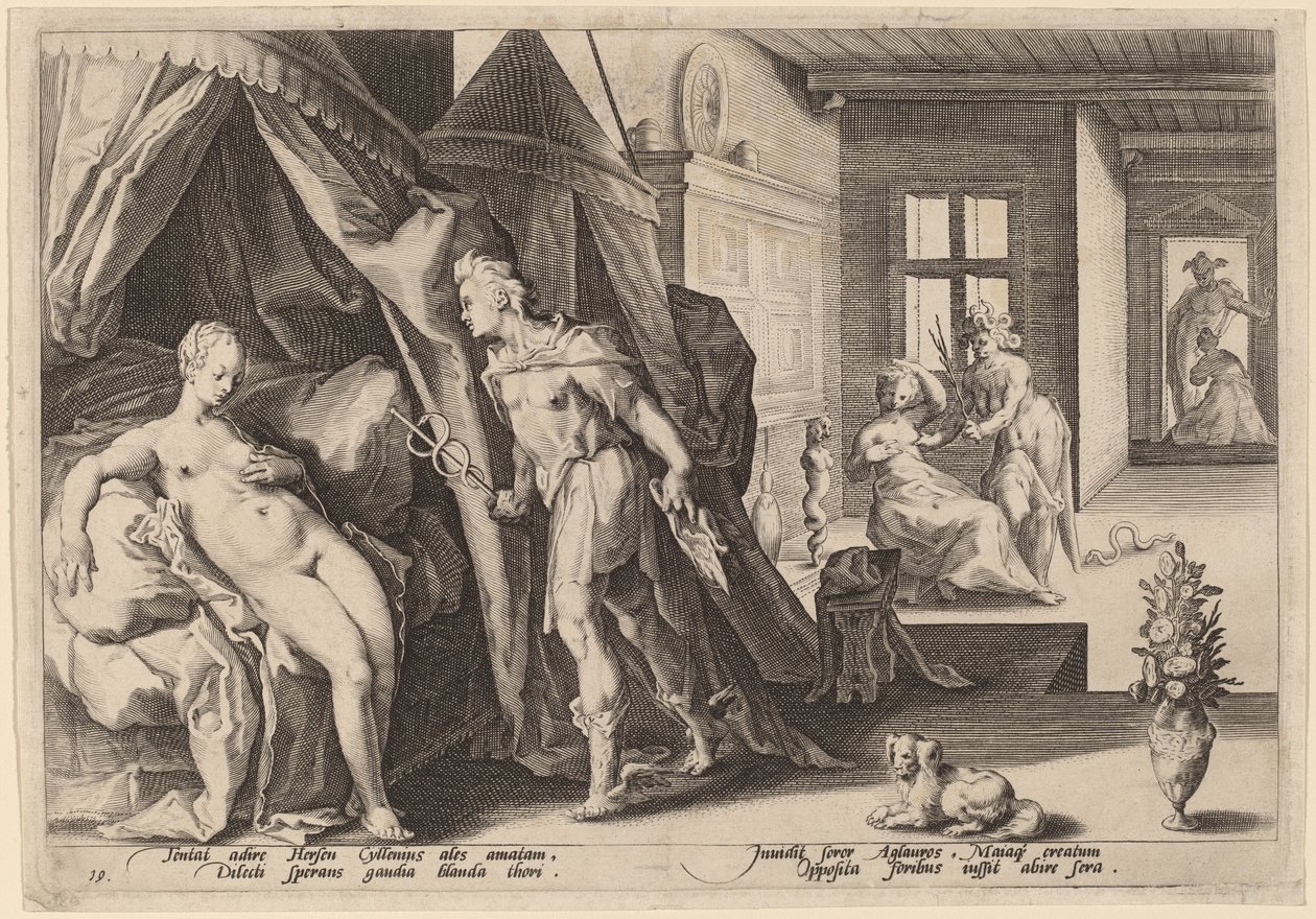 Mercury belép Herse szobájába, miután Agraulost Stone-ra változtatta alkotó: Workshop of Hendrick Goltizus, after Hendrick Goltzius
