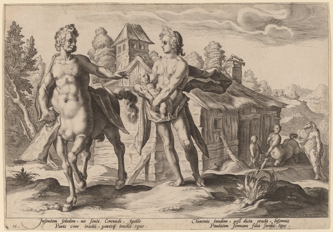 Apolló, aki Chiront bízta meg Aszklépiosz nevelésével alkotó: Workshop of Hendrick Goltzius, after Hendrick Goltzius