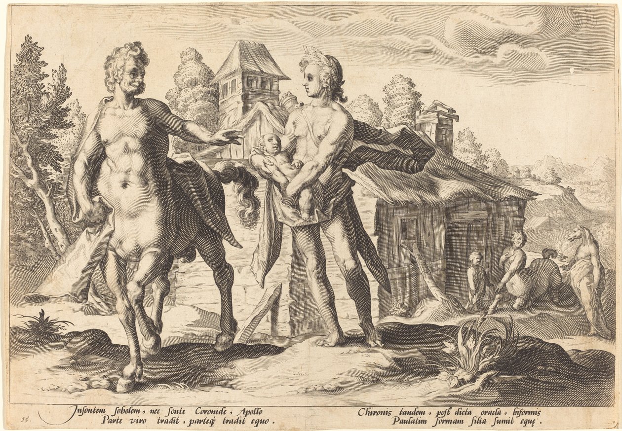 Apolló, aki Chiront bízta meg Aszklépiosz nevelésével alkotó: Workshop of Hendrick Goltzius, after Hendrick Goltzius