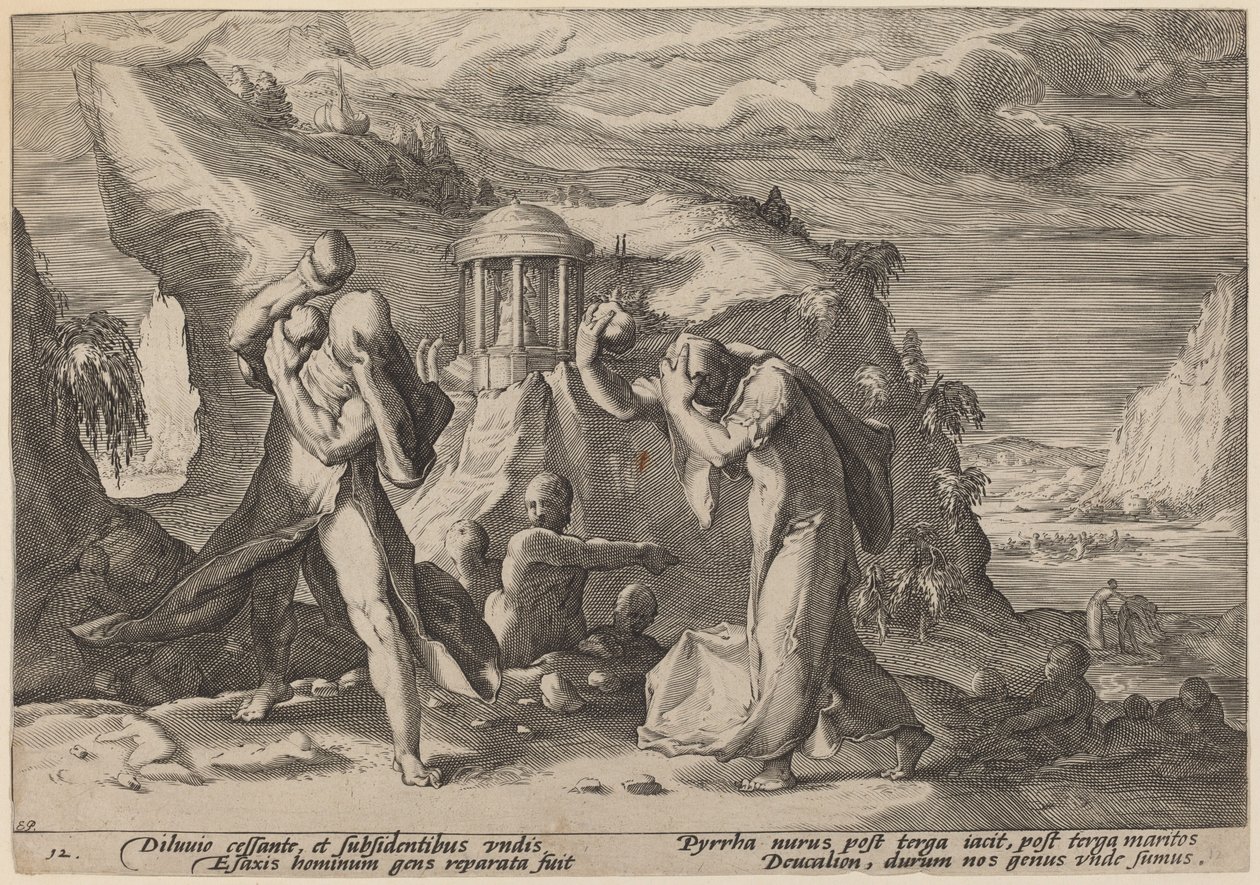 Deucalion és Pyrrha népesíti a Földet alkotó: Workshop of Hendrick Goltzius, after Hendrick Goltzius