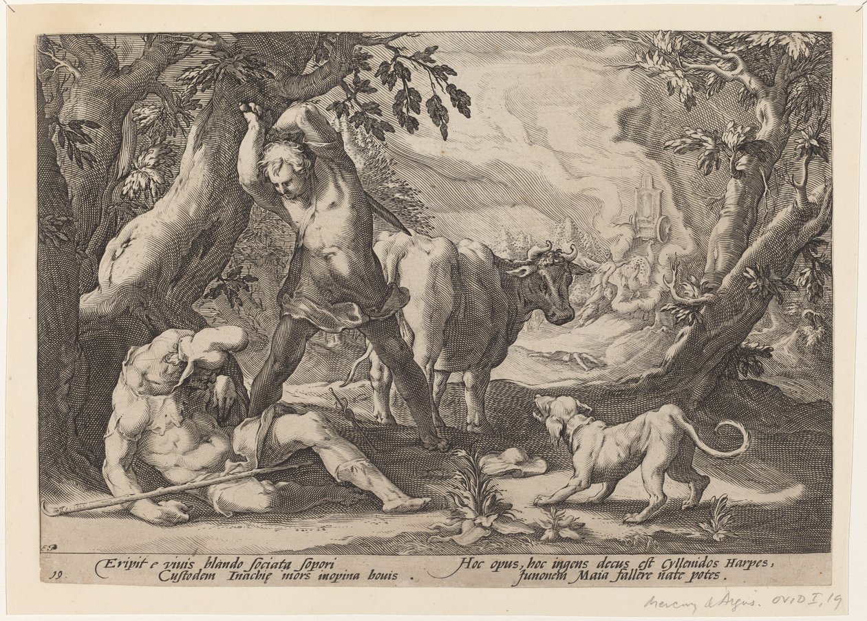 Táj Merkúr felemeli a kardját, hogy megöljön egy alvó Arguszt alkotó: Workshop of Hendrick Goltzius, after Hendrick Goltzius