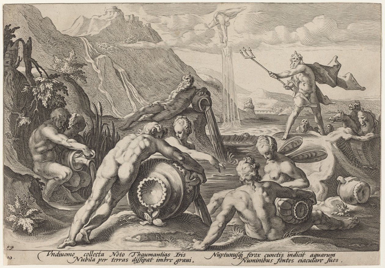 A Neptunusz az ember pusztítását tervezi alkotó: Workshop of Hendrick Goltzius, after Hendrick Goltzius