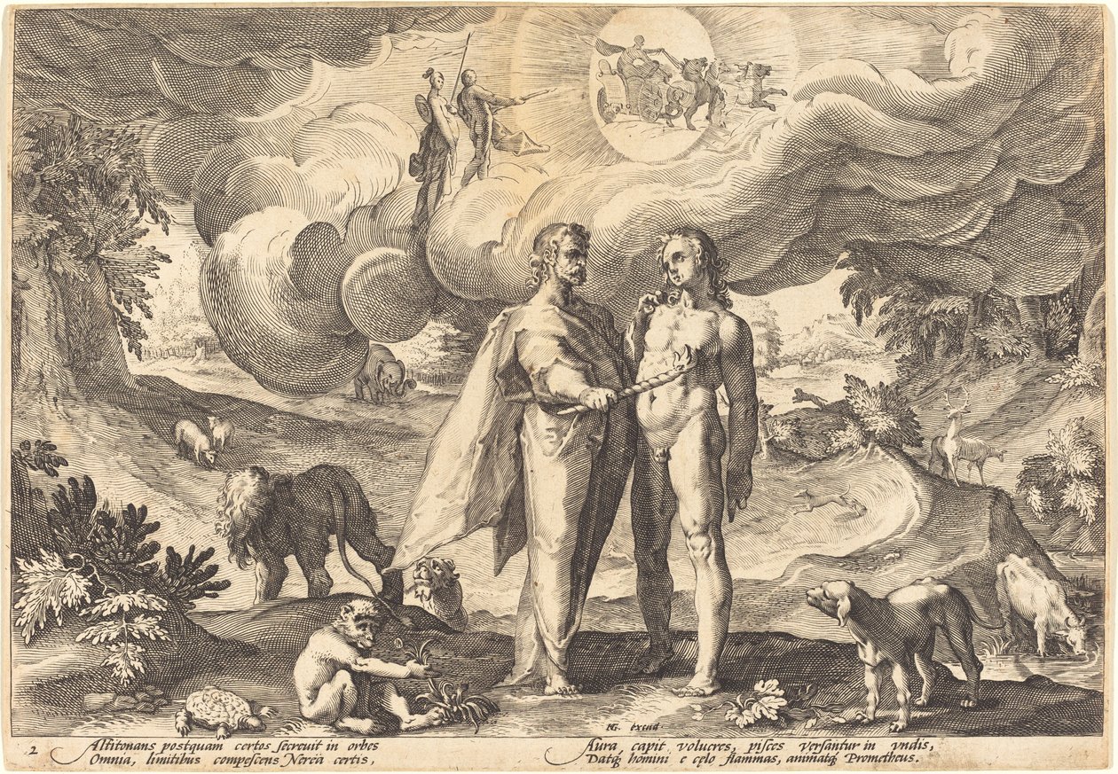 Prométheusz, aki embert alkot és megeleveníti a mennyei tűzzel alkotó: Workshop of Hendrick Goltzius, after Hendrick Goltzius