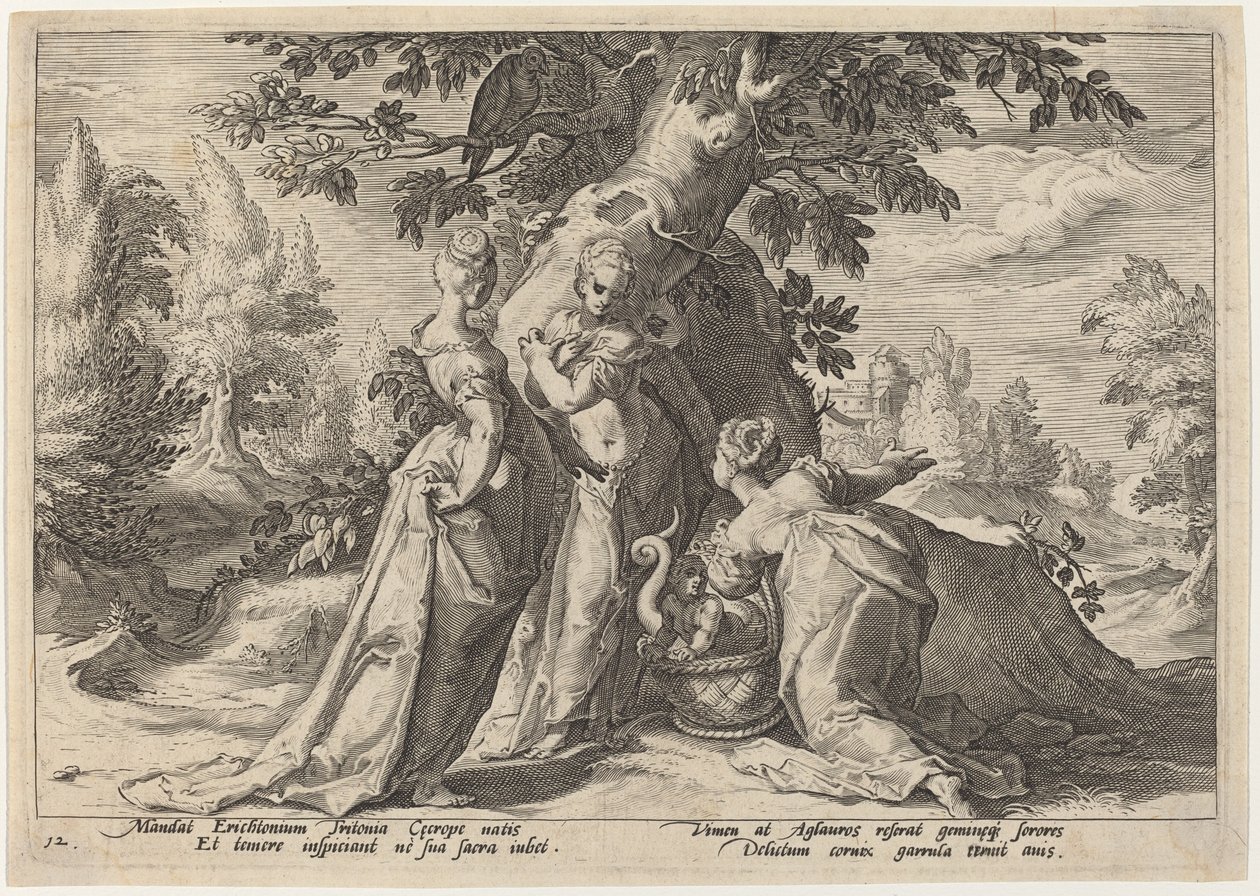 Cecrops lányai kinyitják a Minerva által rájuk bízott koporsót alkotó: Workshop of Hendrick Goltzius, after Hendrick Goltzius