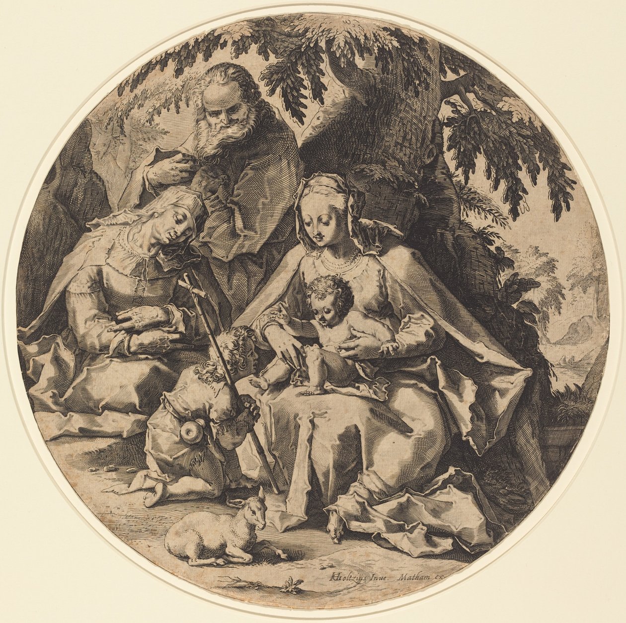 A Szent Család Szent Erzsébettel és Keresztelő Szent Jánossal alkotó: Workshop of Jacob Matham, after Hendrik Goltzius