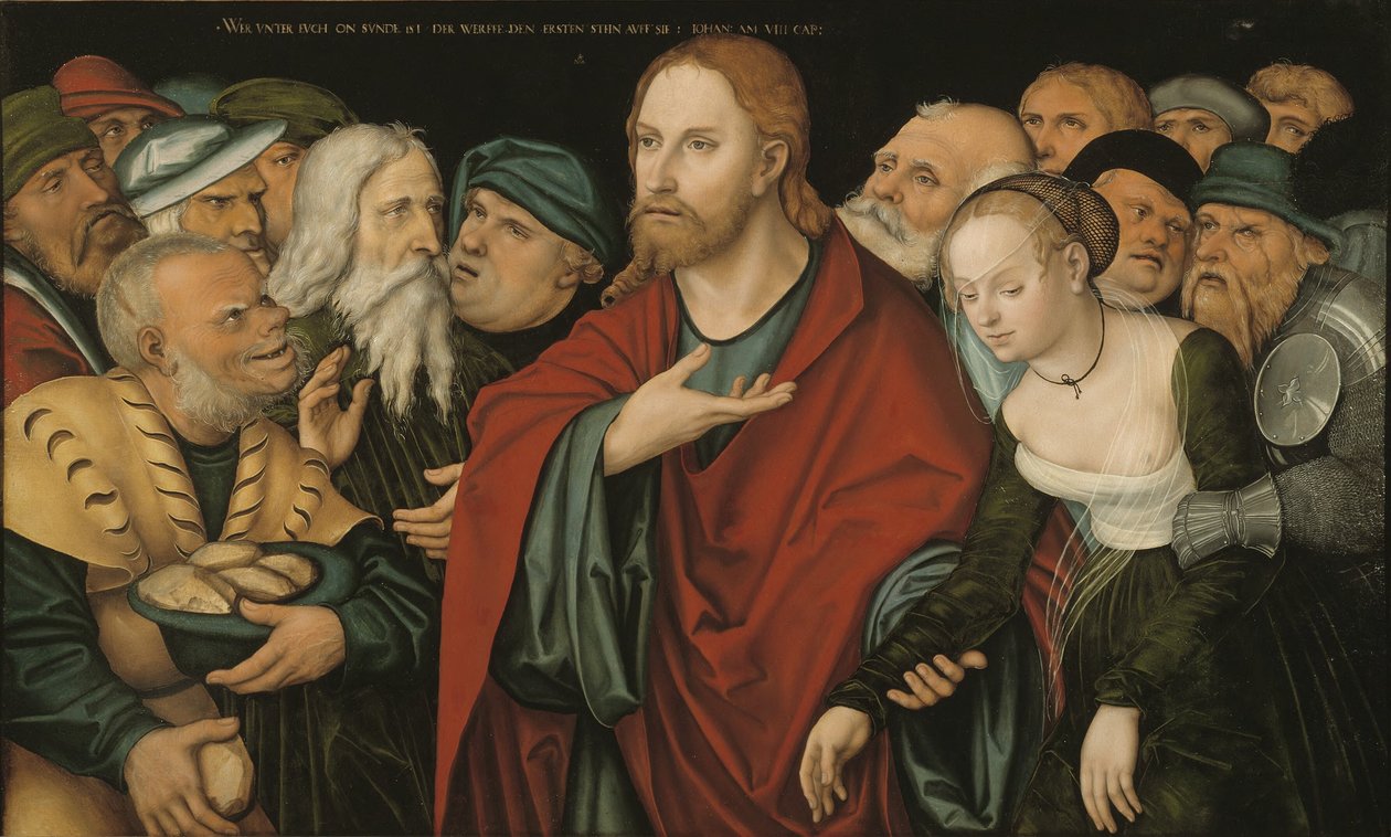 Német: Christus und die Ehebrecherin Krisztus és a házasságtörő nő alkotó: workshop of Lucas Cranach the Elder