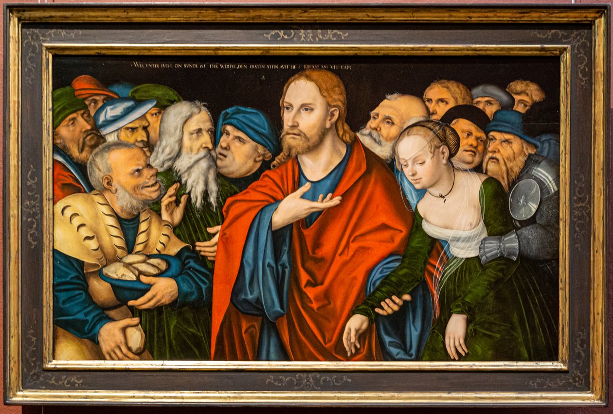 Német: Christus und die Ehebrecherin Krisztus és a házasságtörő nő alkotó: workshop of Lucas Cranach the Elder