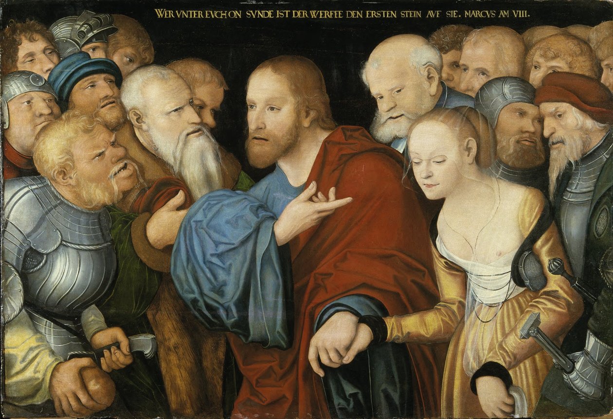 Német: Christus und die Ehebrecherin Krisztus és a házasságtörő nő alkotó: workshop of Lucas Cranach the Elder