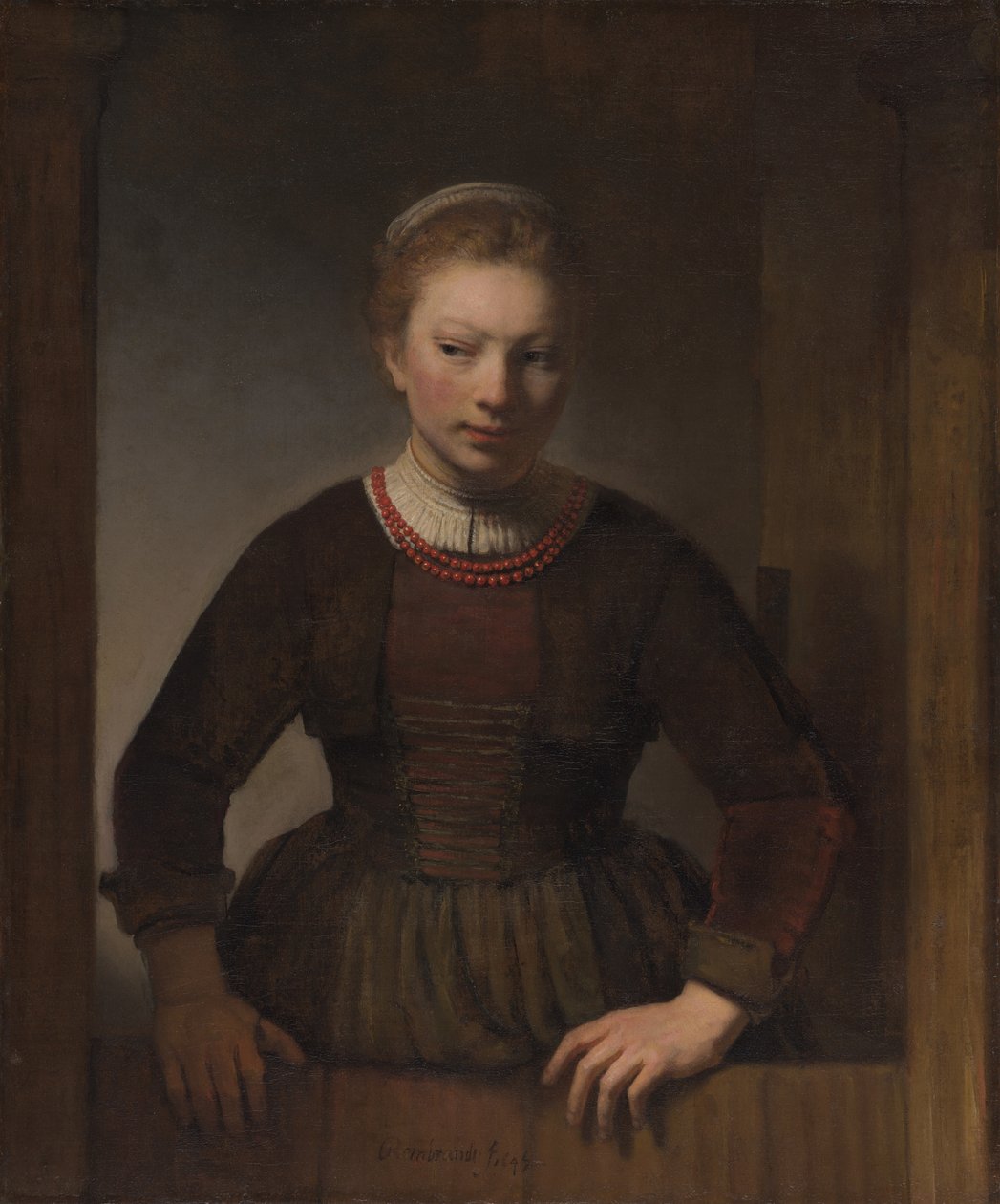 Fiatal nő egy nyitott félajtónál alkotó: Workshop of Rembrandt van Rijn