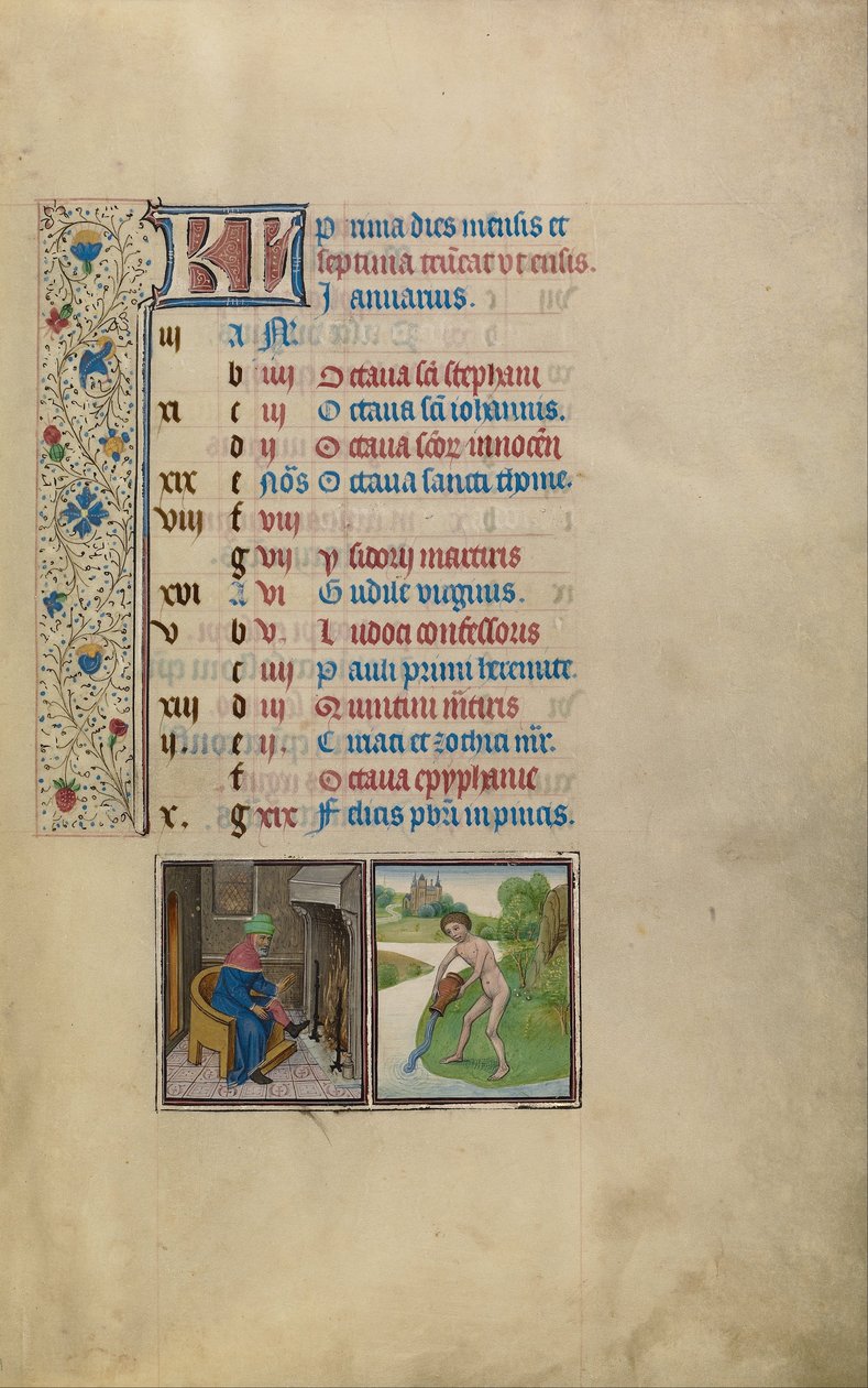 Ember melegedni a tűz mellett; A Vízöntő állatövi jele alkotó: Workshop of Willem Vrelant