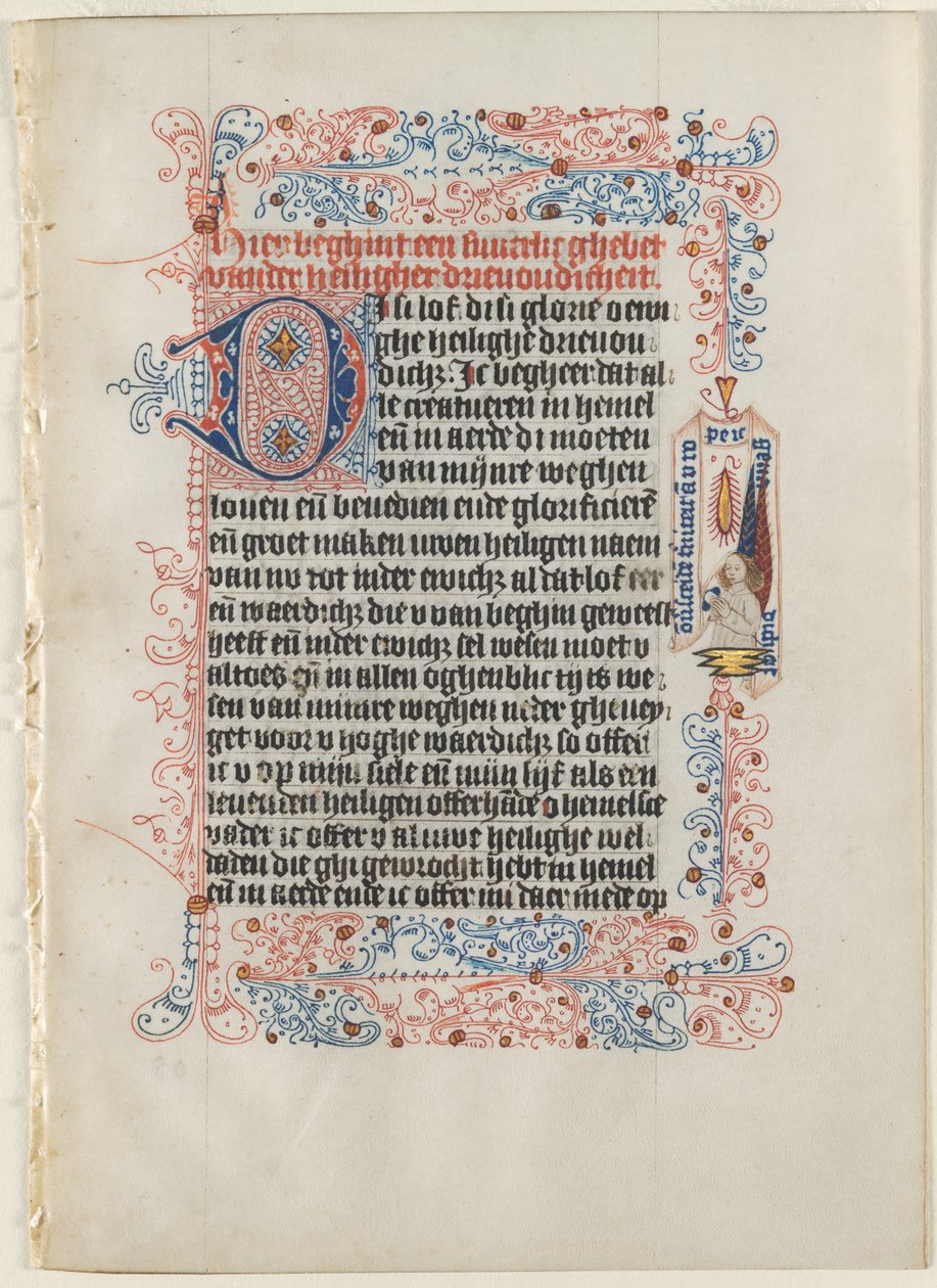 Órakönyvből kivágott levél: Angyal szalaggal virágzó határon belül..., c. 1475. alkotó: Workshop of the Convent of St.