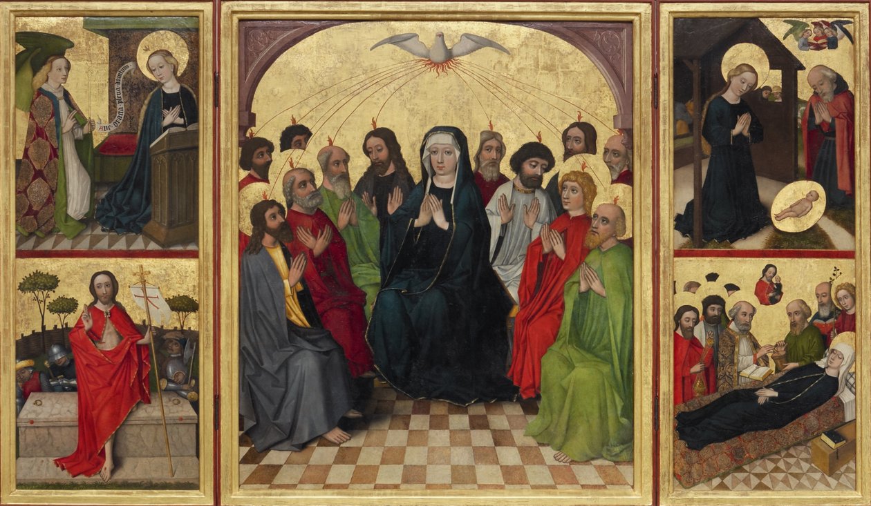 Nyitva a Szentlélek Retable. Pünkösd, Angyali üdvözlet, Születés, Krisztus feltámadása és a Szűzanya halála, c. 1448 alkotó: Workshop of the Wolfgang Retable