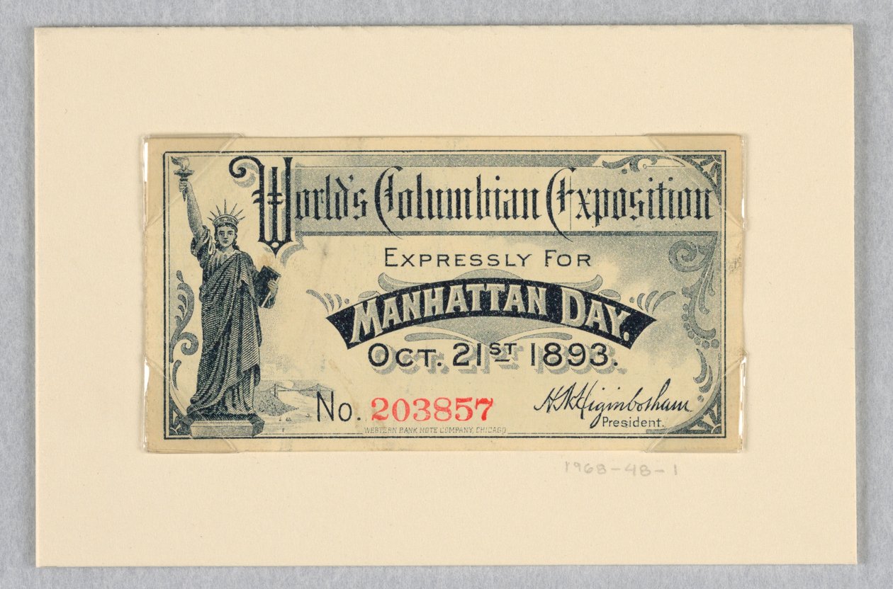 Jegy a Columbian Világkiállításra, kifejezetten a Manhattan Day-re, 1893. október 21. alkotó: World