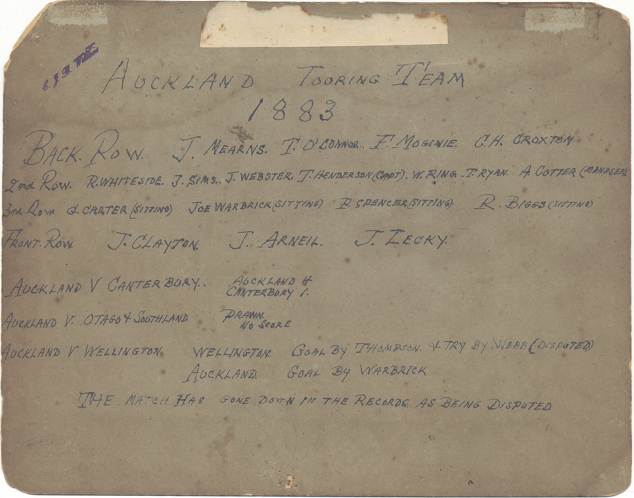 Auckland Touring Team, 1883 (zselatinos ezüstnyomat) alkotó: Wrigglesworth and Binns